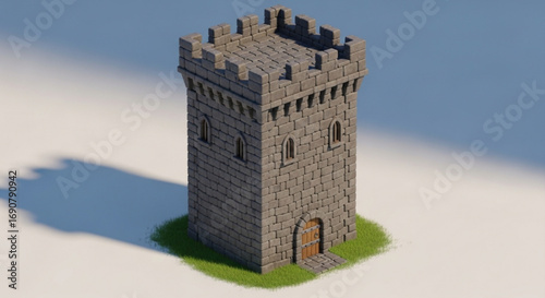 A detailed 3d render showcases a medieval tower, , highlighting its stone construction, defensive features, and historical charm
