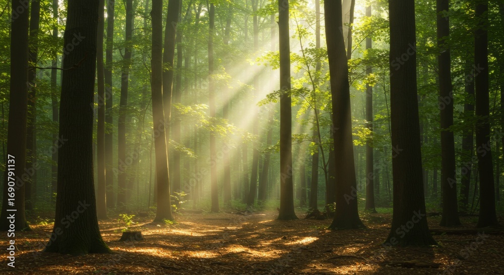 Fototapeta premium Sunbeams Filter Through Lush Forest Trees