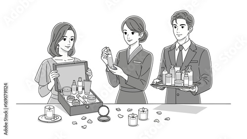 Three people are gathered around a table with one woman opening a jewelry box another holding a necklace and a man presenting a tray of cosmetics