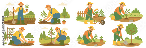 Collection of a male farmer character in various gardening poses, planting trees and seedlings, digging soil with a shovel, and working in a vegetable garden on a farm