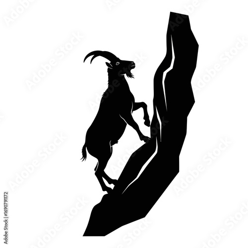 Ibex climbing a steep rock face silhouette isolated on white background