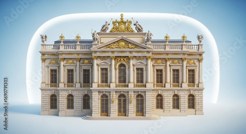 A captivating 3d render presents a neoclassical palace, , emphasizing its symmetrical design, ornate details, and regal presence