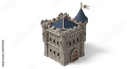 Model of a medieval castle, a miniature fortress with towers, walls, and battlements, showcasing historical architecture