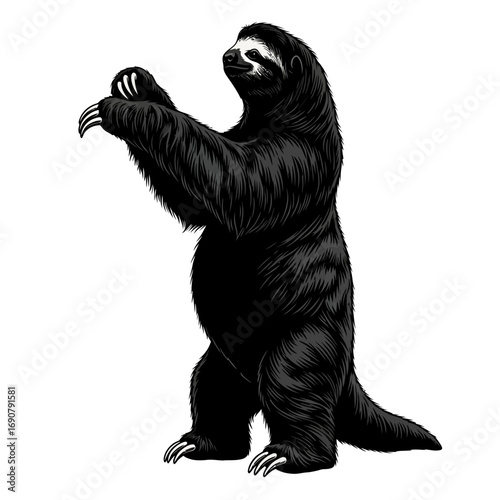 Black sloth standing on hind legs with claws extended silhouette isolated on white background