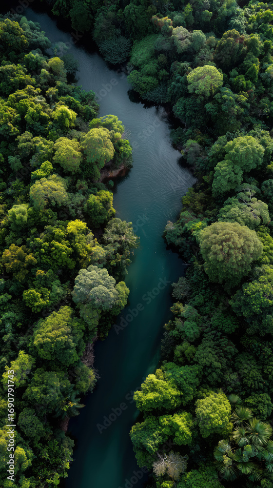 Naklejka premium Serene river flowing through lush green forests aerial view nature