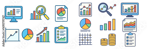 Colorful data analysis and business finance icon set with charts, graphs, and reports for marketing and statistics