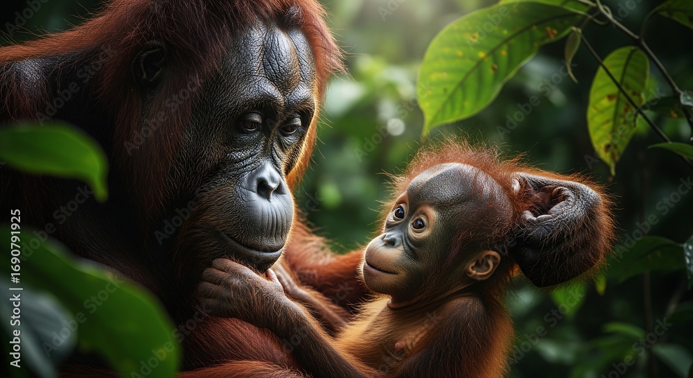 Fototapeta premium A tender, loving moment between a mother orangutan and her adorable baby nestled together in the lush green jungle canopy.