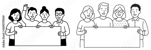 Line art drawing of two diverse groups of smiling people holding a blank banner for custom text or message