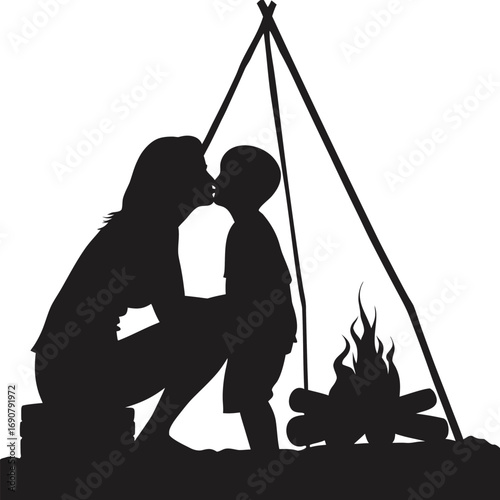 Mother and Child Camping Kiss Silhouette