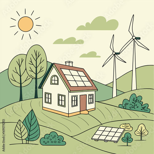 A sustainable home with solar panels and windmills nestled within a beautiful green landscape
