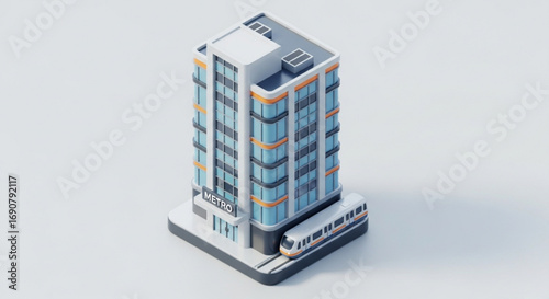 Isometric building with train, a modern architectural structure with a train station, symbolizing urban connectivity and efficiency