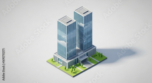 Isometric view of a modern twin tower skyscraper with glass facade, showcasing architectural design and urban development