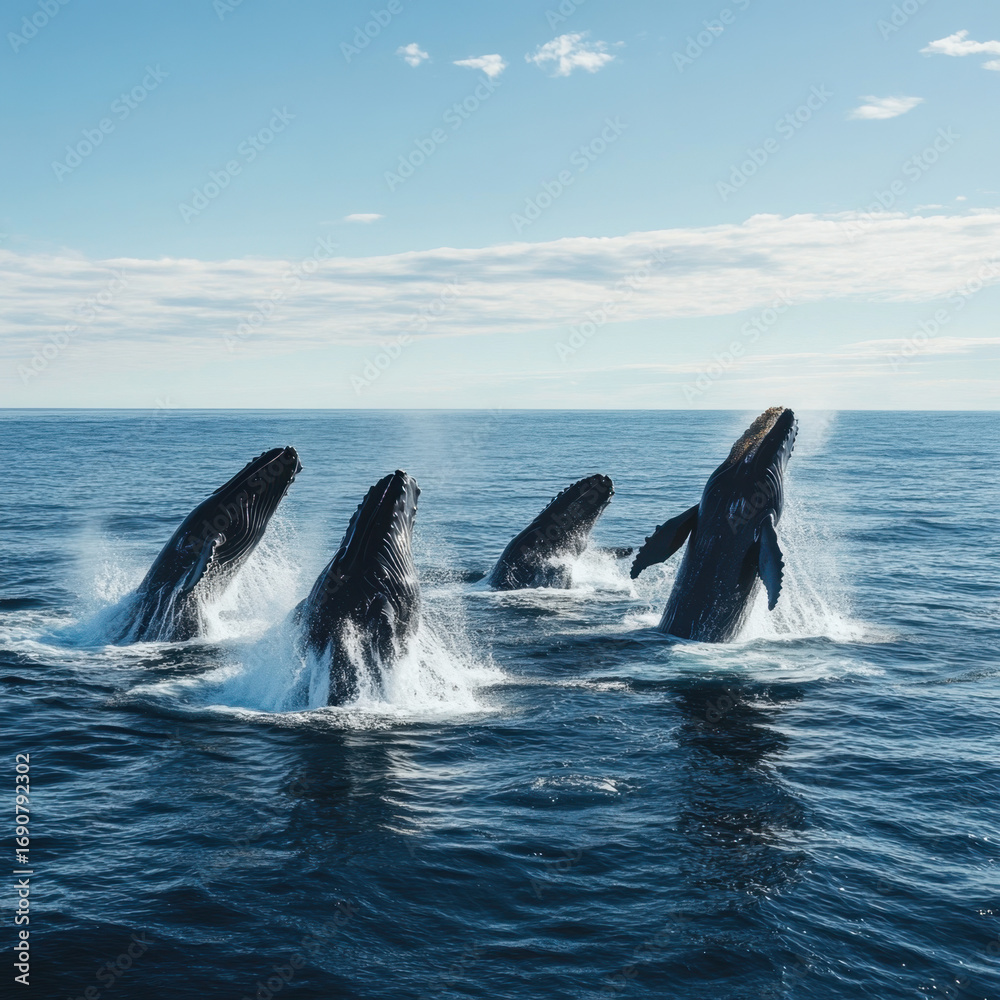 Naklejka premium Whale breaching the surface of Ocean: Witness the awe-inspiring spectacle of whales majestically leaping from the depths.