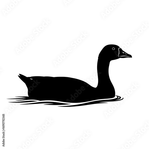Black silhouette of a goose swimming on water isolated on white background silhouette
