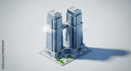 Isometric view of a modern twin tower skyscraper with skybridge, showcasing architectural design and urban development