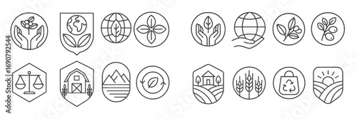 Set of line art icons for ecology, sustainability, and agriculture concepts like organic farming, fair trade, and environmental protection
