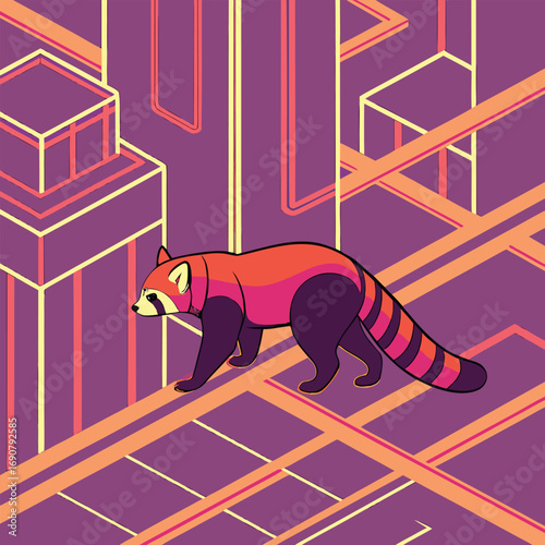 Red panda cautiously explores a surreal abstract world full of purple geometry