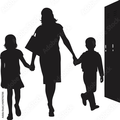 Mother and Children Walking to School