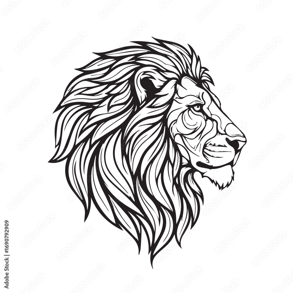 Obraz premium A majestic lion face in elegant side profile, rendered as a clean line art vector EPS | Art & Illustration
