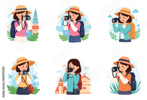 Smiling female traveler with camera, wearing hat and backpack, exploring city landmarks, nature, tourist attractions, adventure journey