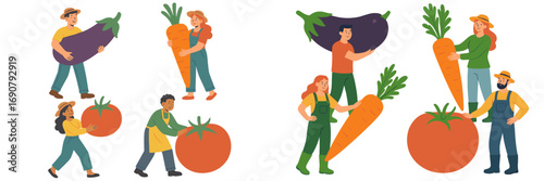 Diverse group of male and female farmers harvesting giant oversized vegetables like carrots, tomatoes, and eggplants during a bountiful harvest season