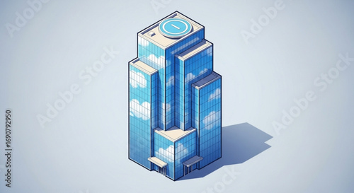 Isometric cartoon skyscraper with helipad on top, showcasing a stylized urban landscape and modern architecture with a playful design