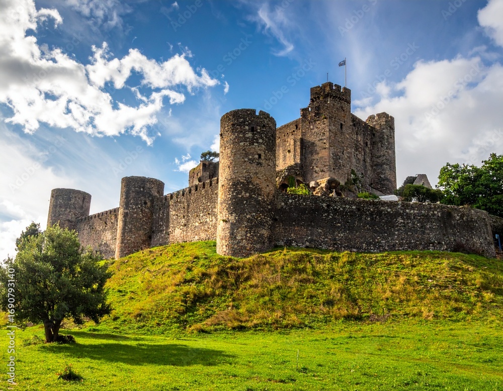 Fototapeta premium Majestic stone castle perched on a grassy hill under a blue sky with scattered clouds