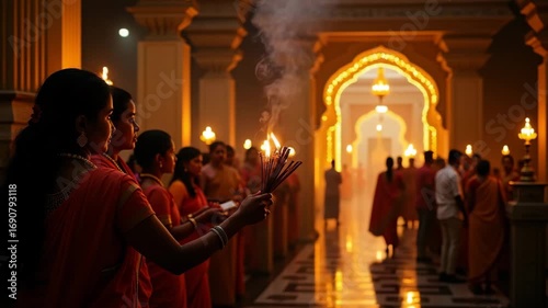 Devotees Offering Incense Sticks and Jasmine Garlands at Ornate Temple Gate Lit by Oil Lamps Before Asalha Puja - Spiritual Celebration, Rituals, Culture, Tradition, Empty Space
