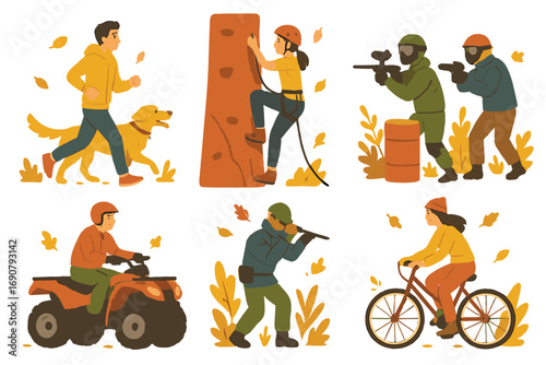 Diverse collection of people engaged in active outdoor sports and hobbies during the autumn season with falling leaves
