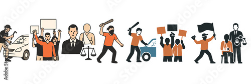 Protest and crime icon collection showing public demonstration, vandalism, rioting, and the legal justice system with a lawyer and victim