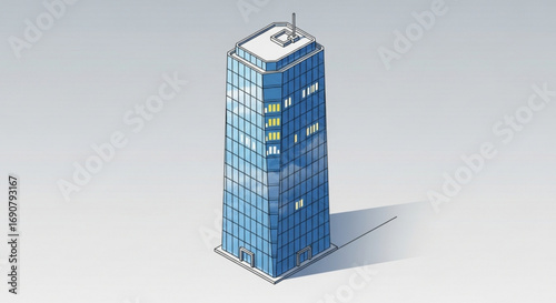 Isometric illustration of a modern blue glass skyscraper, showcasing urban architecture and design concept