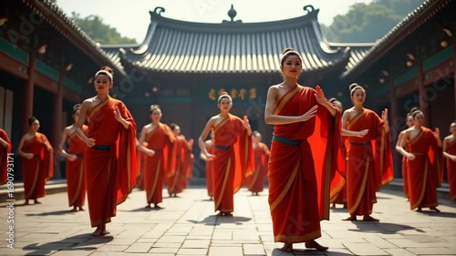 Authentic Photograph of Buddhist Cultural Festival: Traditional Dance Performances in Temple Courtyard Celebrating Heritage - Photo Stock Concept with Empty Space