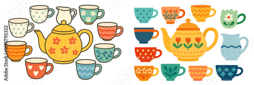 Collection of colorful teapots and cups with decorative patterns like flowers and polka dots isolated on a white background