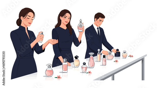 Elegant women and a man in formal attire selecting and smelling various designer perfume bottles displayed on a white counter