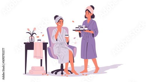 Two smiling women in bathrobes and towels on their heads enjoying a spa day with cupcakes and flowers at home