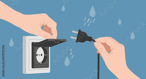 Danger of water and electricity: risk of electric shock in wet environments illustration