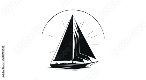 Elegant sailboat glides across the water under a radiant sunburst