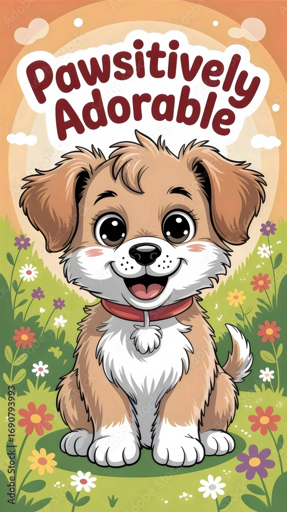 Obraz premium Cartoon puppy with big eyes sitting in a field of flowers under a pawsitively adorable sign
