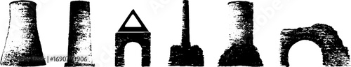 Grunge black and white industrial structures silhouette set for urban design