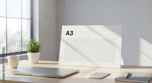 Minimalist Workspace with A3 Paper, Laptop, and Plant by Window