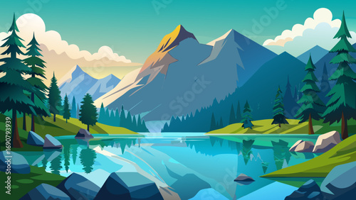 Vector art of breathtaking mountain vista featuring a pristine lake mirroring the majestic peaks and verdant forests under a clear sky, evoking a sense of awe and wonder