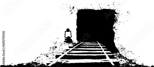 Grunge black and white illustration of abandoned tunnel with lantern - urban ink design for posters