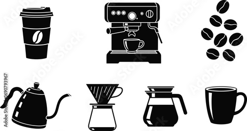 Black coffee icons set including takeaway cup, espresso machine, coffee beans, kettle, pour-over coffee maker, coffee pot, cup, beverage.