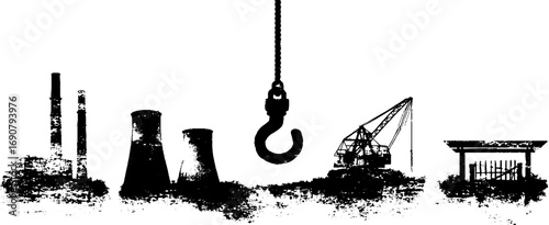 Grunge black and white illustration of abandoned industrial structures with crane and hook scene