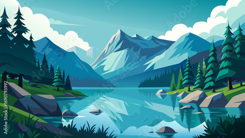 Vector art of idyllic mountain vista showcasing a tranquil lake reflecting the imposing mountains and lush forests under a bright sky dotted with soft white clouds
