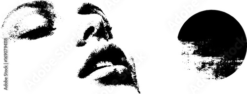 Grunge black and white abstract illustration with face and circle elements for artistic design