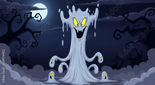 Cartoon ghost character in a spooky halloween scene with a full moon, bare trees, and fog, creating a fun and eerie atmosphere