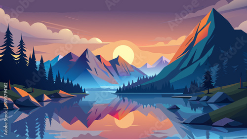 Vector art of tranquil lake reflecting the majestic mountains at sunset, with the warm colors of the sky creating a serene and picturesque landscape