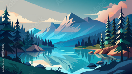 Vector art of scenic mountain landscape with a tranquil lake reflecting the towering peaks and lush evergreen forests under a serene sky with soft clouds
