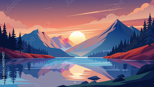 Vector art of majestic mountain range reflecting in the tranquil lake at sunset, with the warm glow of the sun casting shadows on the peaks and trees